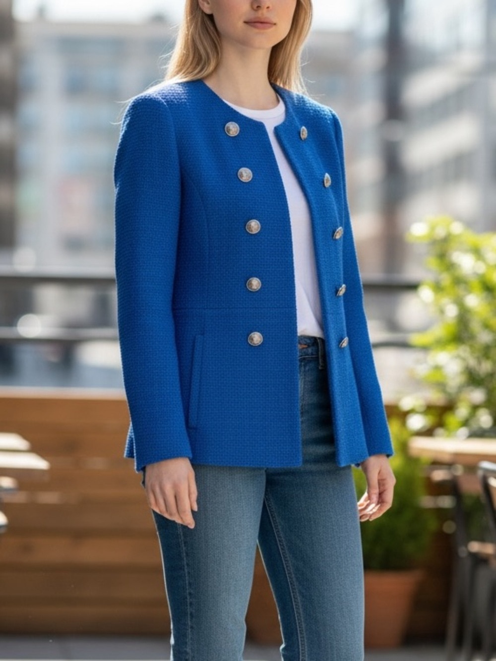 Zara Royal Blue Textured Tweed Blazer Gold Buttons Collarless Jacket Size XS NWT